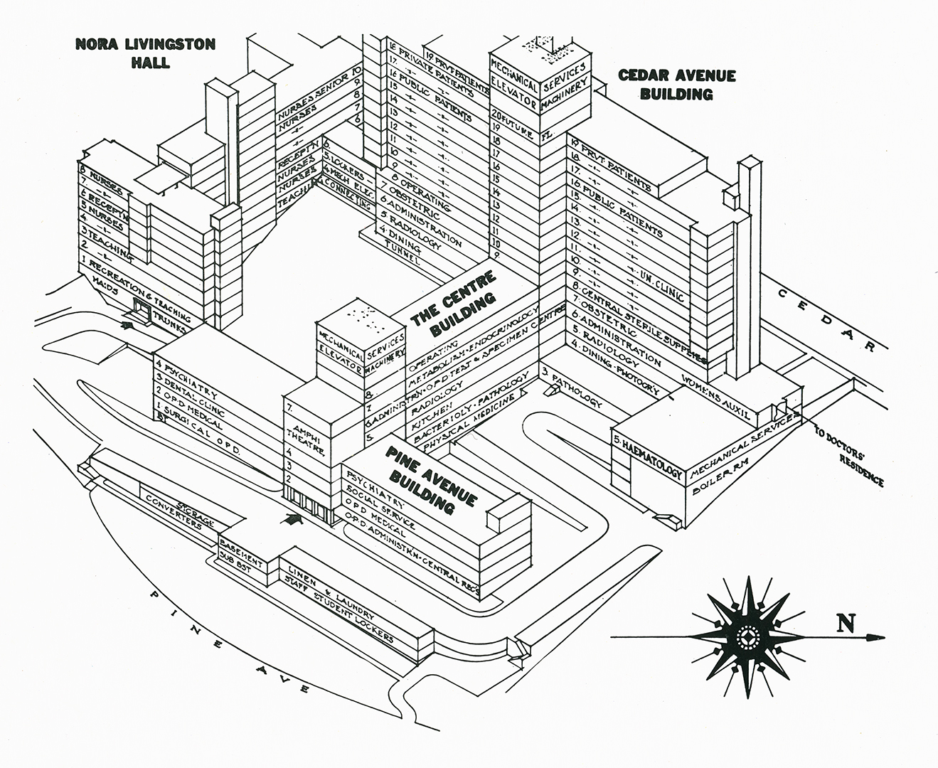 isometric drawing of new hospital showing different departments