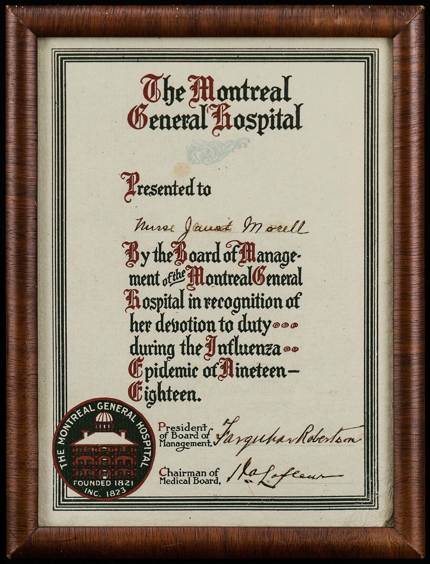 certificate for service during the 1918 influenza pandemic awarded to a nurse